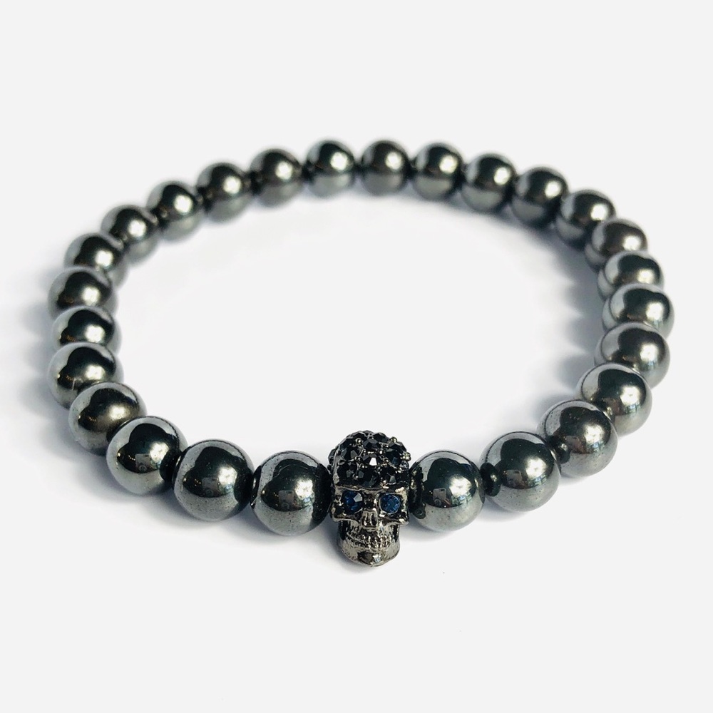 GEMSTONE | Mens Hematite Skull Beaded Bracelet